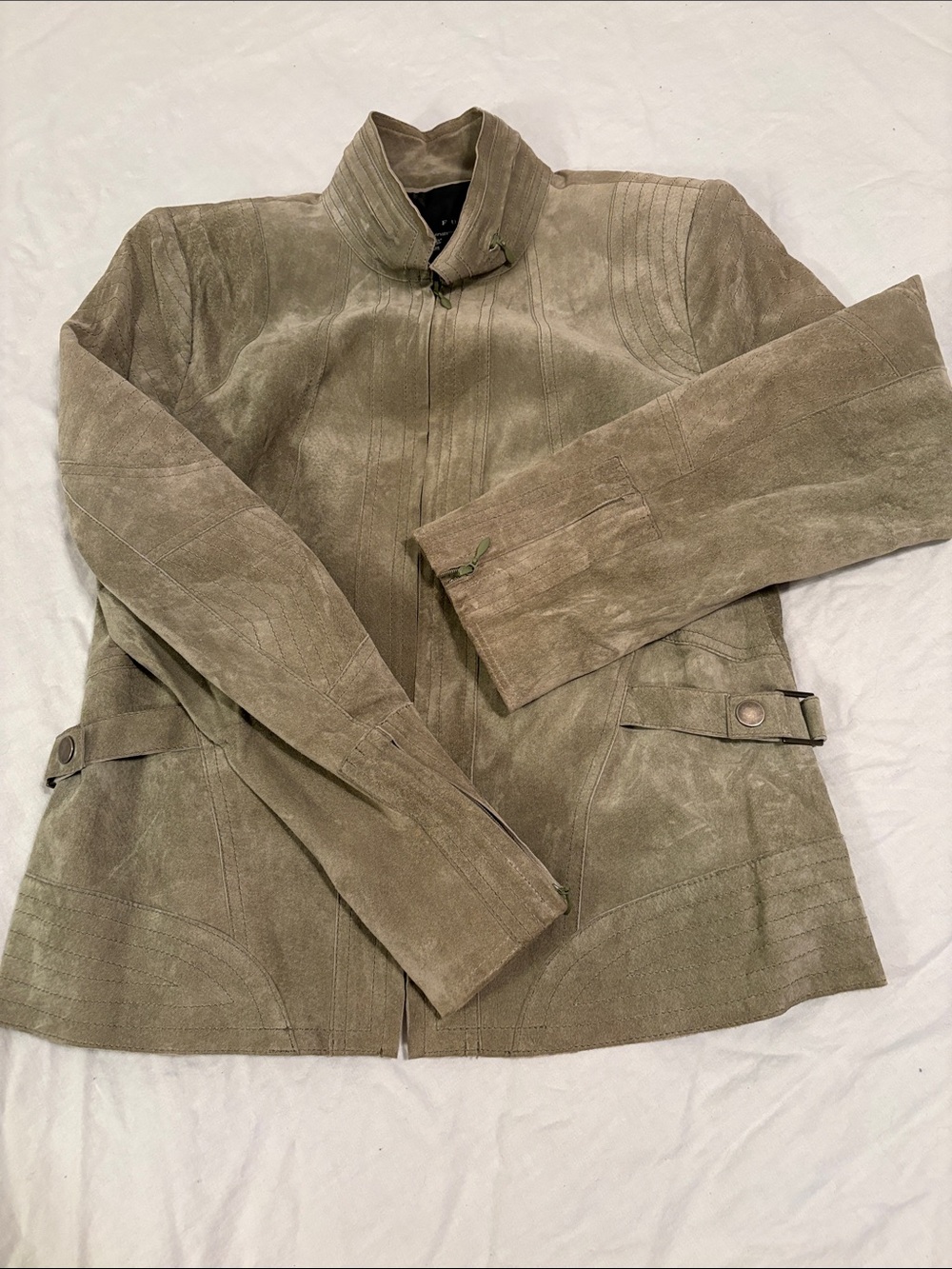 Yansi Fugel Sage/Taupe Pig Suede Lined Zip-Front Jacket Size S